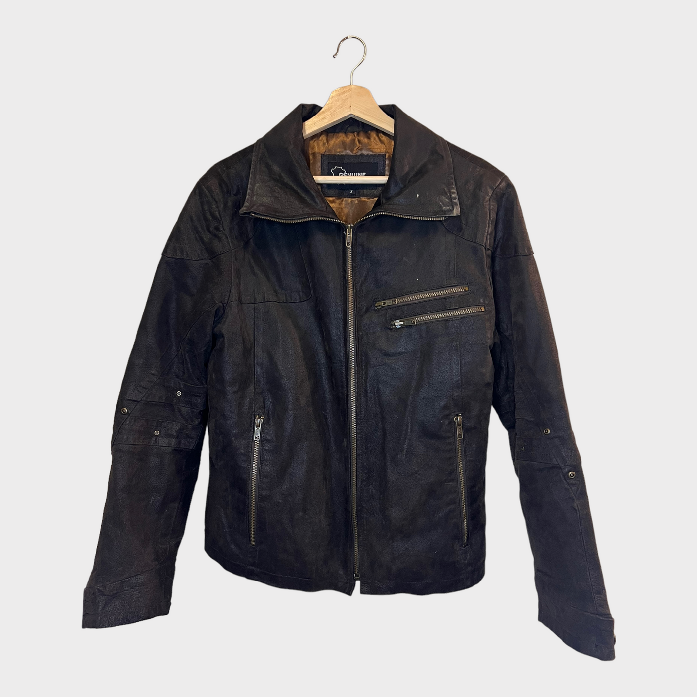 Leather Biker Jacket In Dark Brown Front