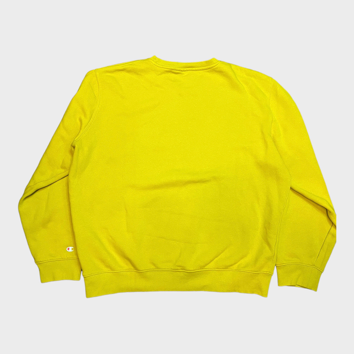 Back of the Champion varsity sweatshirt in bright yellow