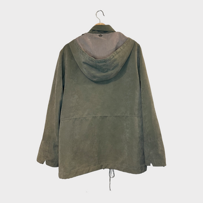 Suede Jacket In Olive Green with big hood back