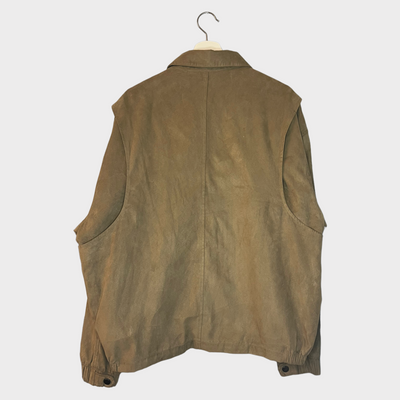 Back of the Oklahoma University Suede Worker Jacket with a spread collar.