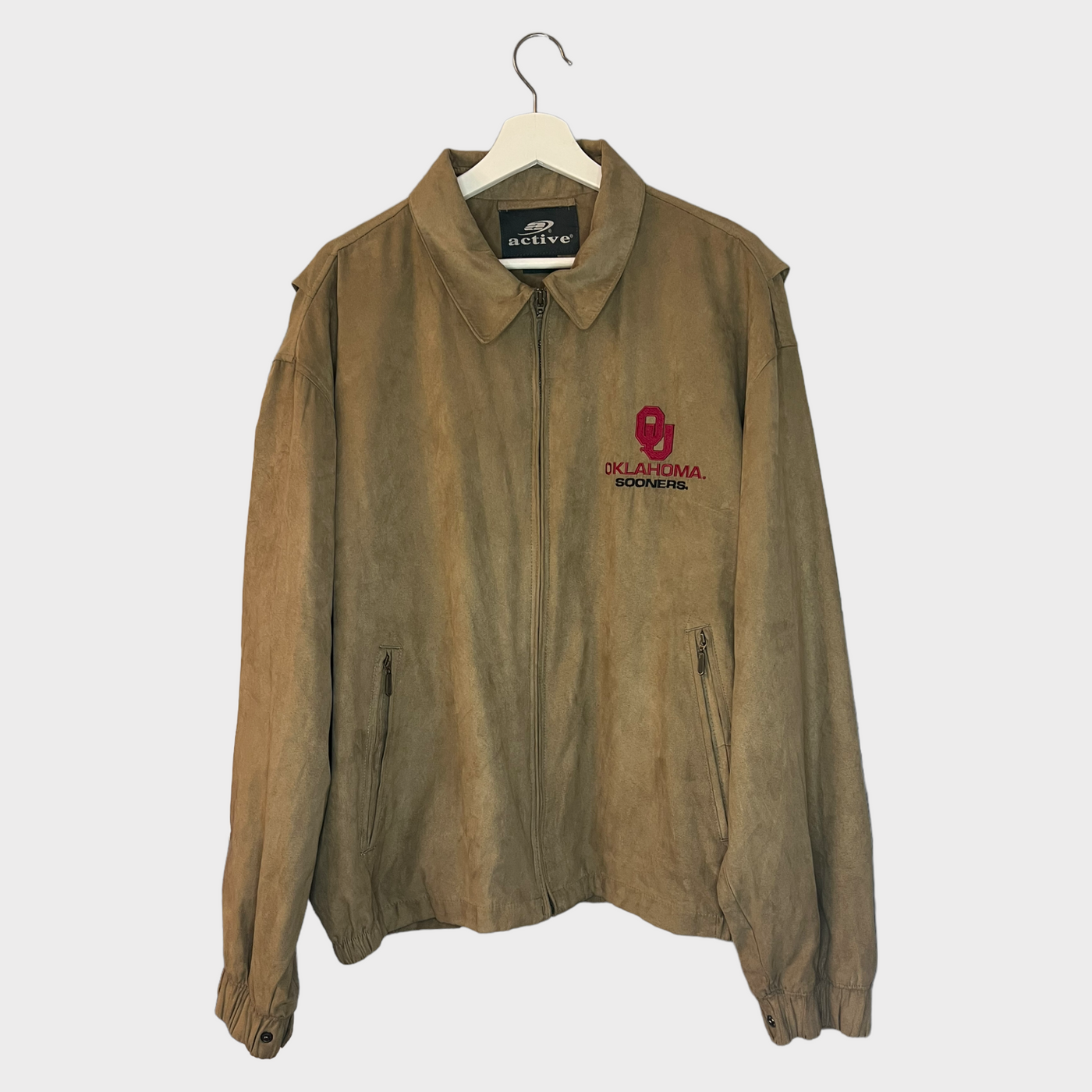 Front of the Oklahoma University Suede Worker Jacket with a spread collar.